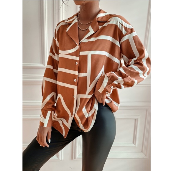 Geometric Print Blouse Buttoned Shirt Rust Color - Picture 2 of 7
